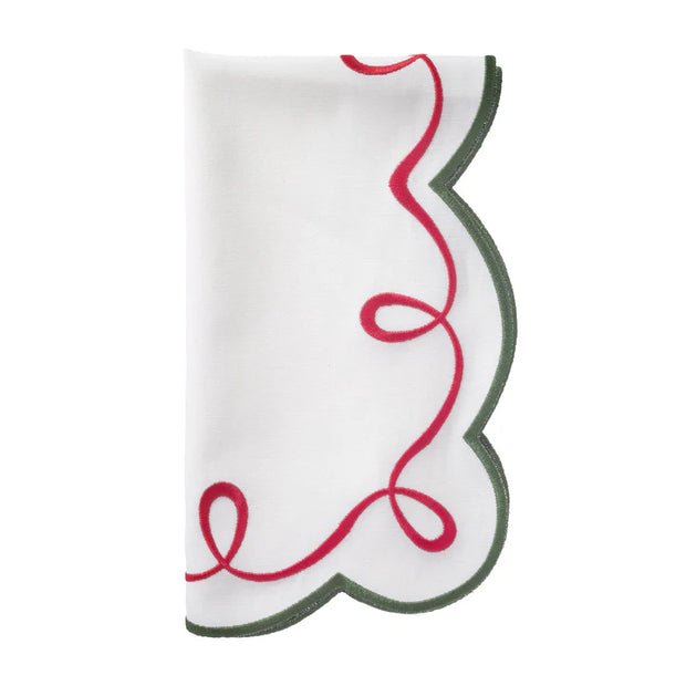 Ribbon Twirl Embroidered Napkin Red/Green Set/4