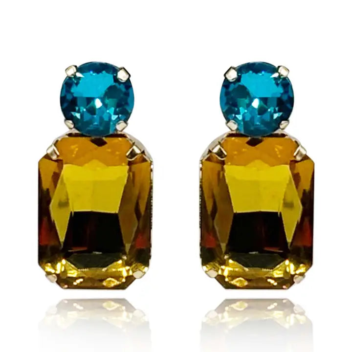 Topaz Crystal Ocatgon and Emerald Round Stone Drop Earrings