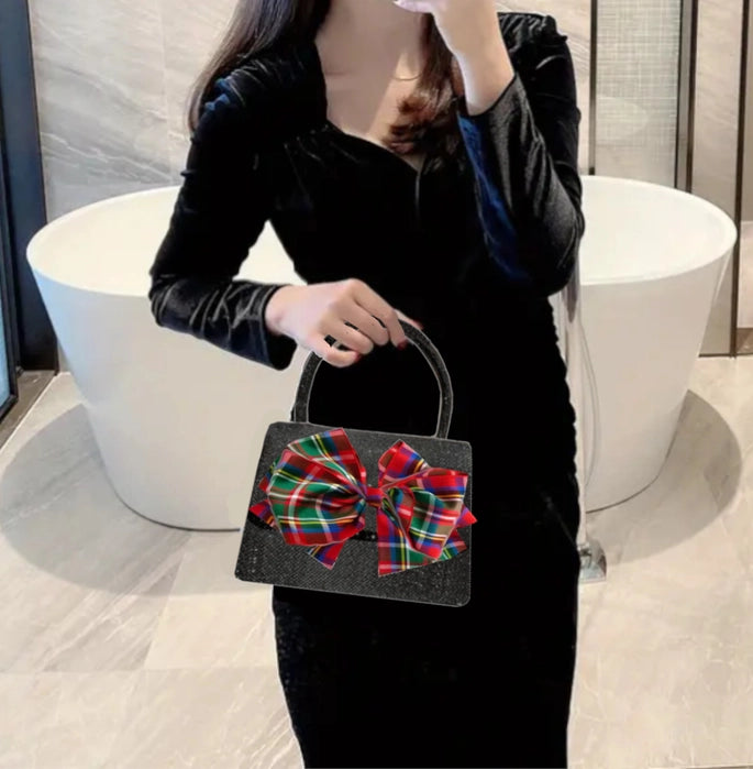 Black Sparkle Purse with Plaid Bow