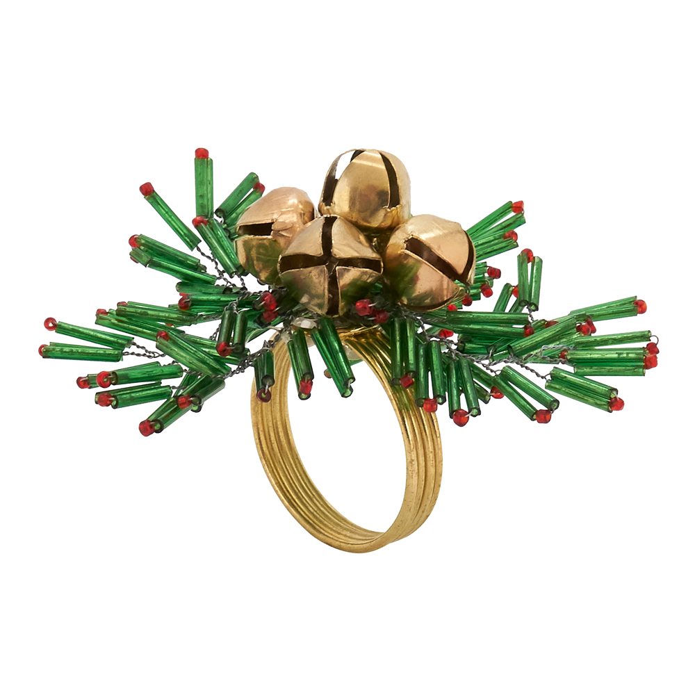 Beaded Snowflake And Bells Napkin Ring Set/4 Green/Gold