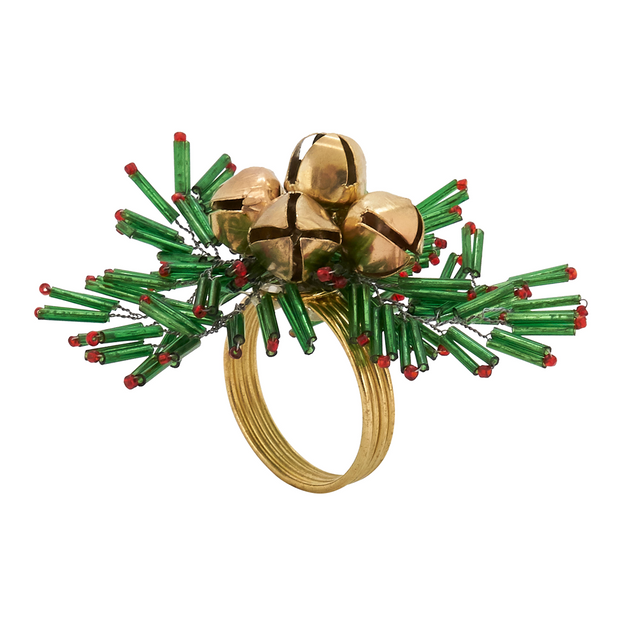 Beaded Snowflake And Bells Napkin Ring Set/4 Green/Gold