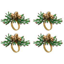 Beaded Snowflake And Bells Napkin Ring Set/4 Green/Gold