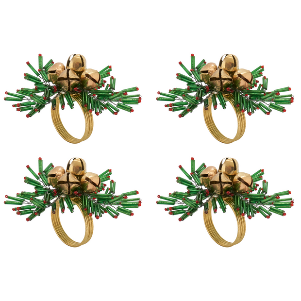Beaded Snowflake And Bells Napkin Ring Set/4 Green/Gold