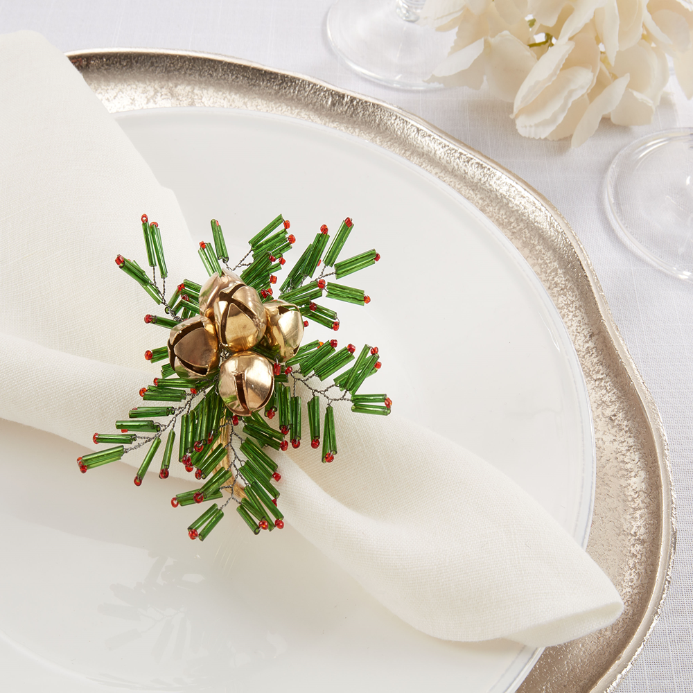 Beaded Snowflake And Bells Napkin Ring Set/4 Green/Gold