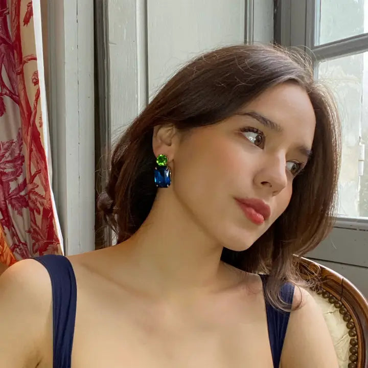 Peacock Blue Crystal Ocatgon and Green Tourmaline Round Stone Drop Earrings