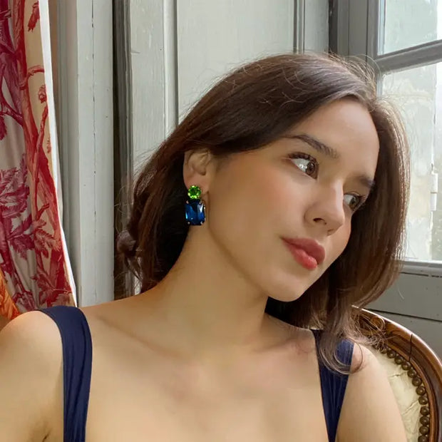 Peacock Blue Crystal Ocatgon and Green Tourmaline Round Stone Drop Earrings