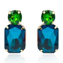 Peacock Blue Crystal Ocatgon and Green Tourmaline Round Stone Drop Earrings