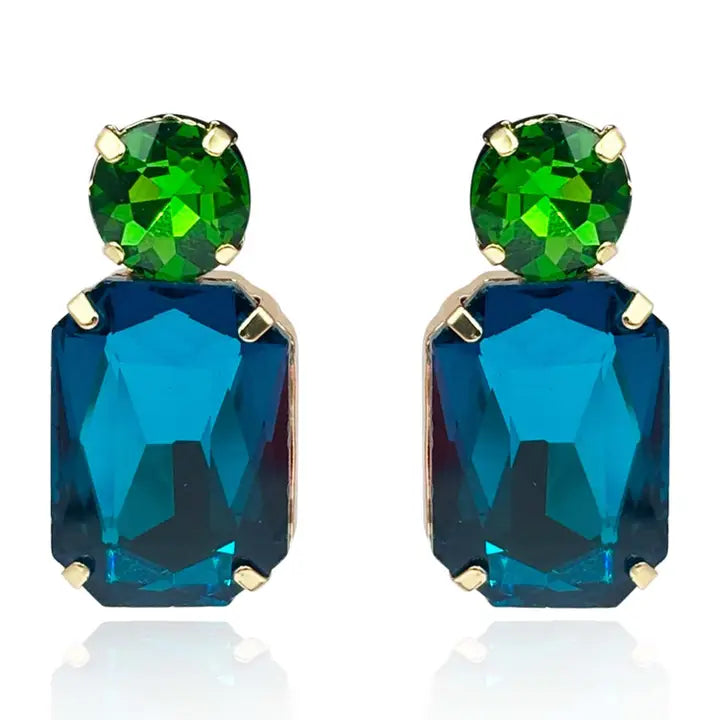 Peacock Blue Crystal Ocatgon and Green Tourmaline Round Stone Drop Earrings