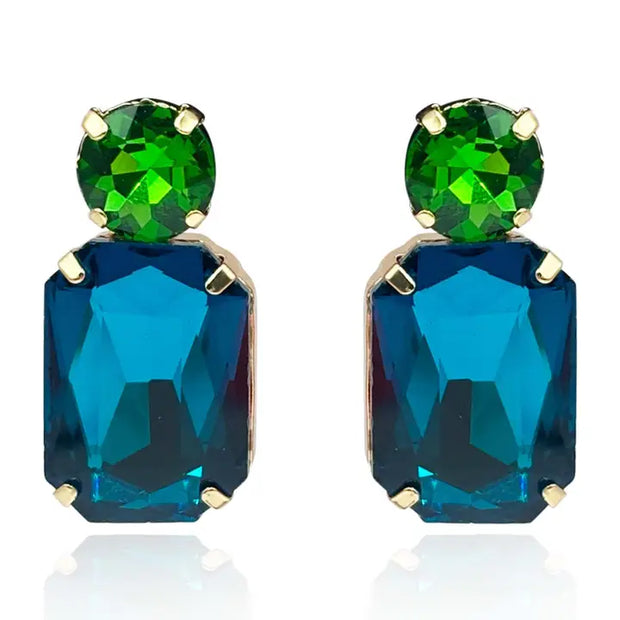 Peacock Blue Crystal Ocatgon and Green Tourmaline Round Stone Drop Earrings