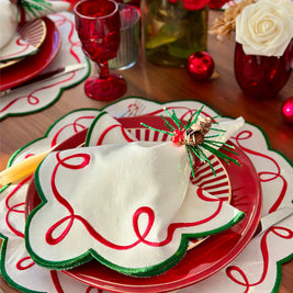 Ribbon Twirl Embroidered Napkin Red/Green Set/4