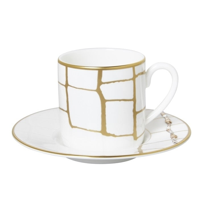 Alligator Espresso Cup and Saucer Set/2 Gold with Crystals