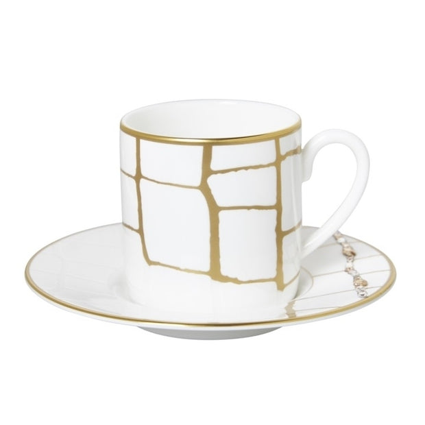 Alligator Espresso Cup and Saucer Set/2 Gold with Crystals