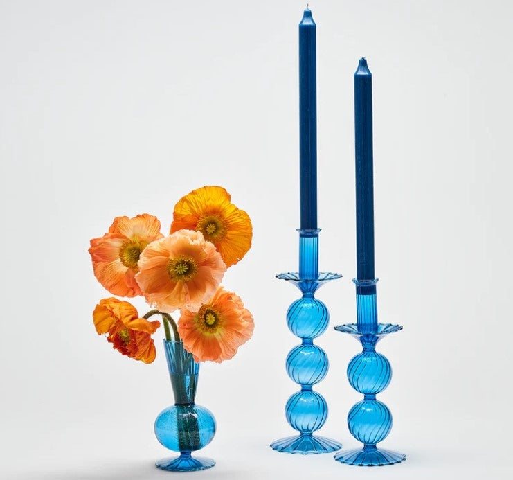 Bella Short Glass Candlestick in Blue Set/2