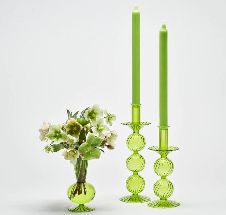 Bella Short Glass Candlestick in Green Set/2