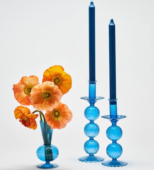 Iris Tall Glass Candlestick in Blue Set/2