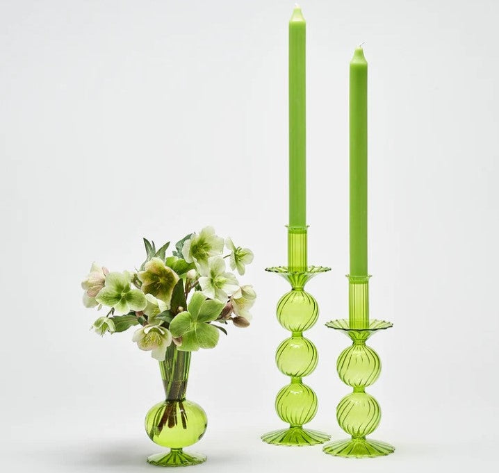 Iris Tall Glass Candlestick in Green Set/2