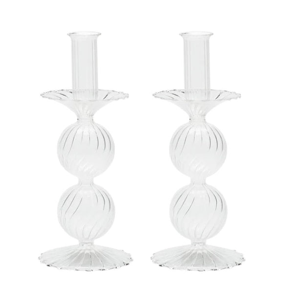Bella Short Glass Candlestick in Clear Set/2