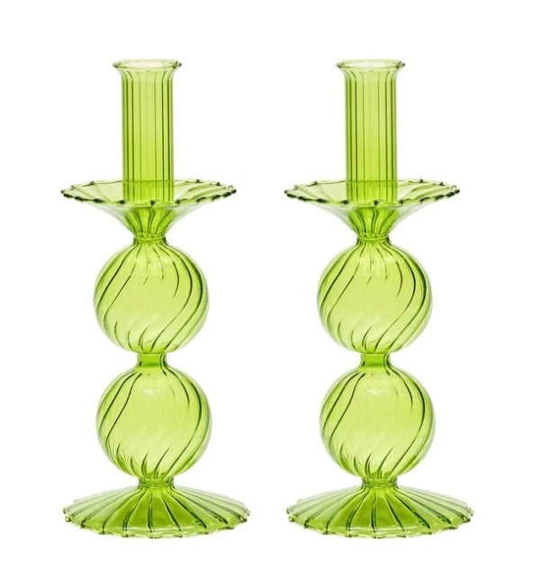 Bella Short Glass Candlestick in Green Set/2