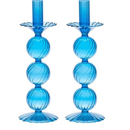 Iris Tall Glass Candlestick in Blue Set/2