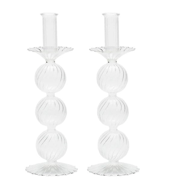 Iris Tall Glass Candlestick in Clear Set/2