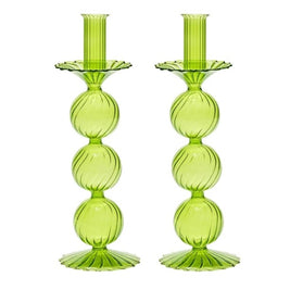 Iris Tall Glass Candlestick in Green Set/2