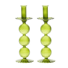 Iris Tall Glass Candlestick in Olive Set/2