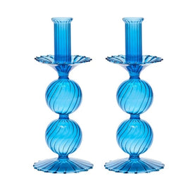 Bella Short Glass Candlestick in Blue Set/2
