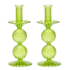 Bella Short Glass Candlestick in Green Set/2