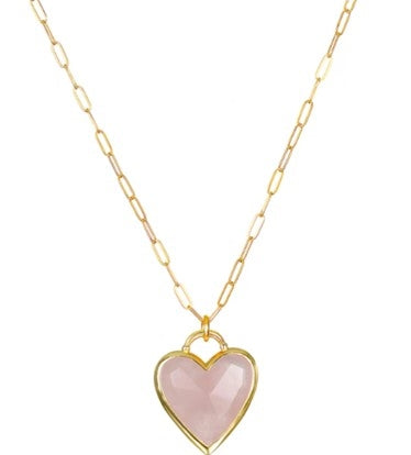 Paperclip Heart Necklace-Pink Quartz