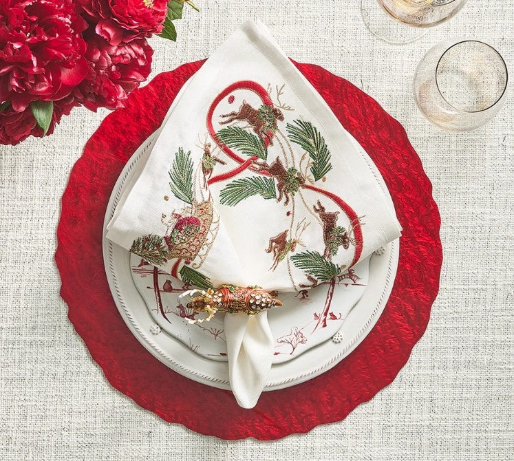 Reindeer Napkin in White, Red & Green, Set of 4