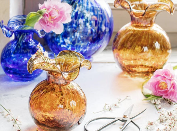 Hibiscus Large Glass Cobalt Tortoise Fluted Vase