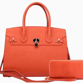 Oversized Padlock Satchel with Matching Wallet in Orange