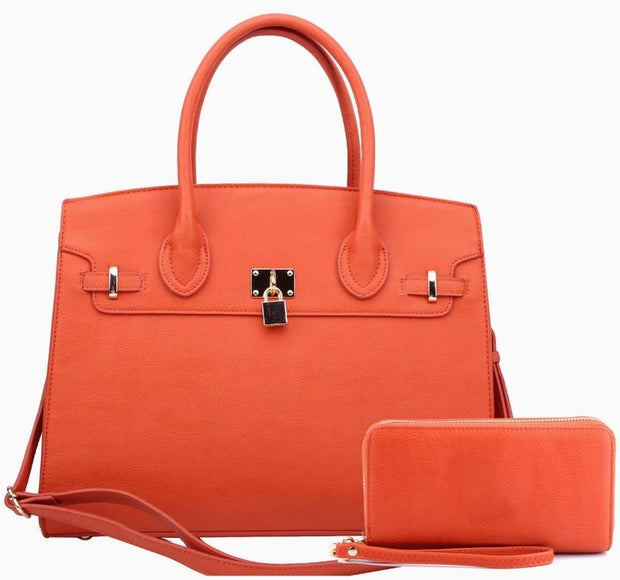 Oversized Padlock Satchel with Matching Wallet in Orange