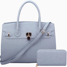 Oversized Padlock Satchel with Matching Wallet in Blue Grey