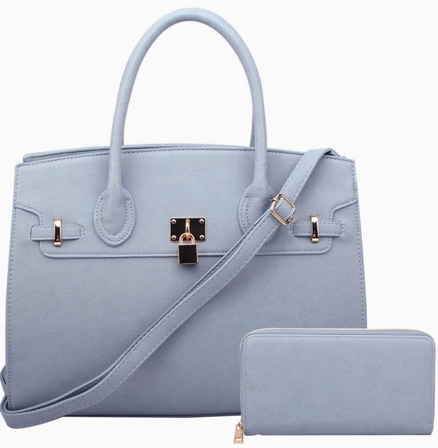 Oversized Padlock Satchel with Matching Wallet in Blue Grey