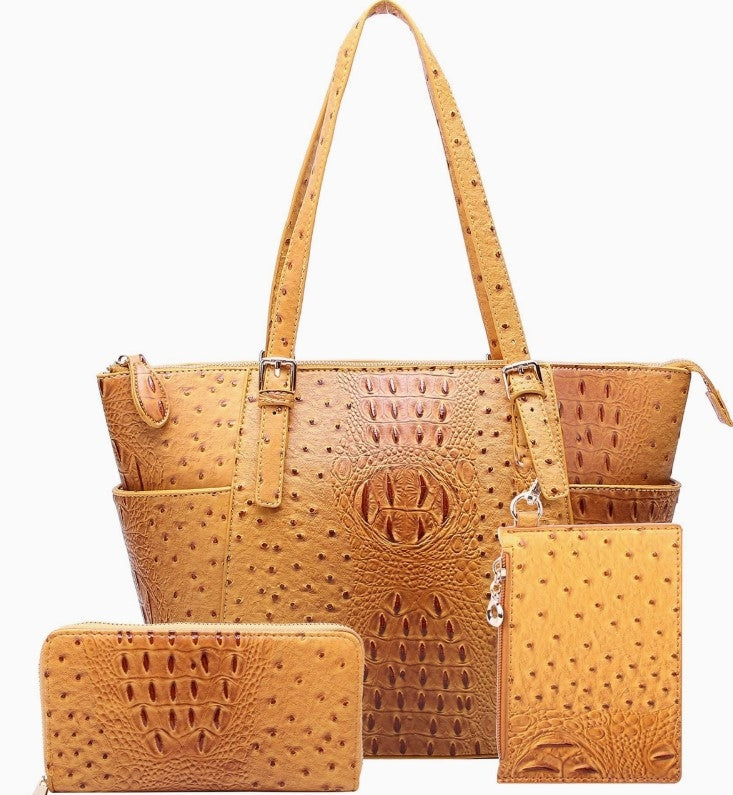 Ostrich Croc Tote with  Wallet and Coin Purse in Mustard