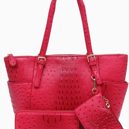 Ostrich Croc Tote with  Wallet and Coin Purse in Pink