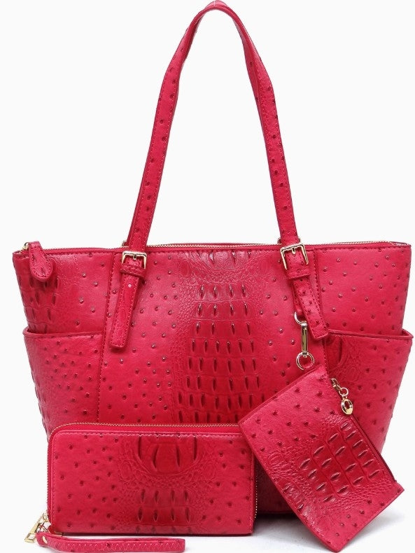 Ostrich Croc Tote with  Wallet and Coin Purse in Pink