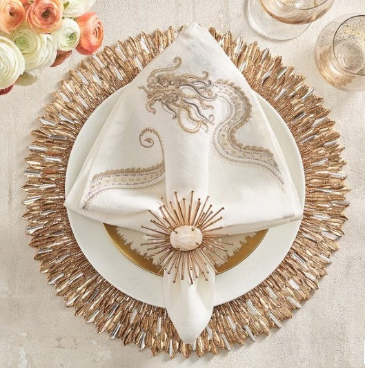 Imperial Dragon Napkin in White, Gold & Silver, Set of 4