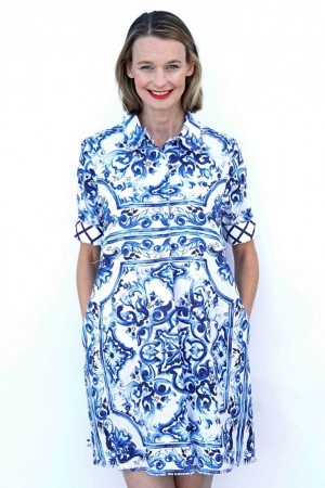 The Chatham Dress in Blue and White Tile Print