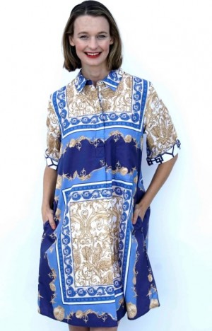 The Monterey Dress in Blue, White and Gold Filigree Print